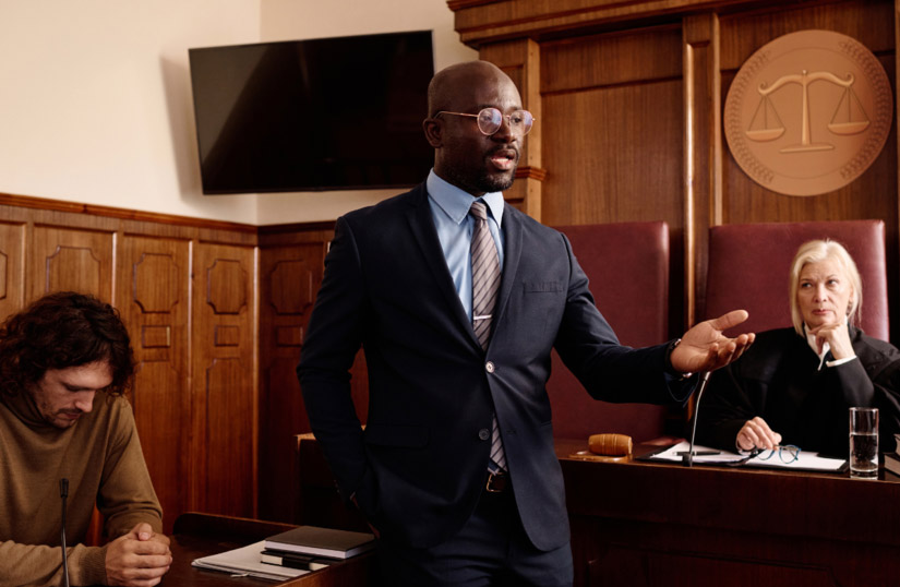 Courtroom with a lawyer, a note-taker, and a judge